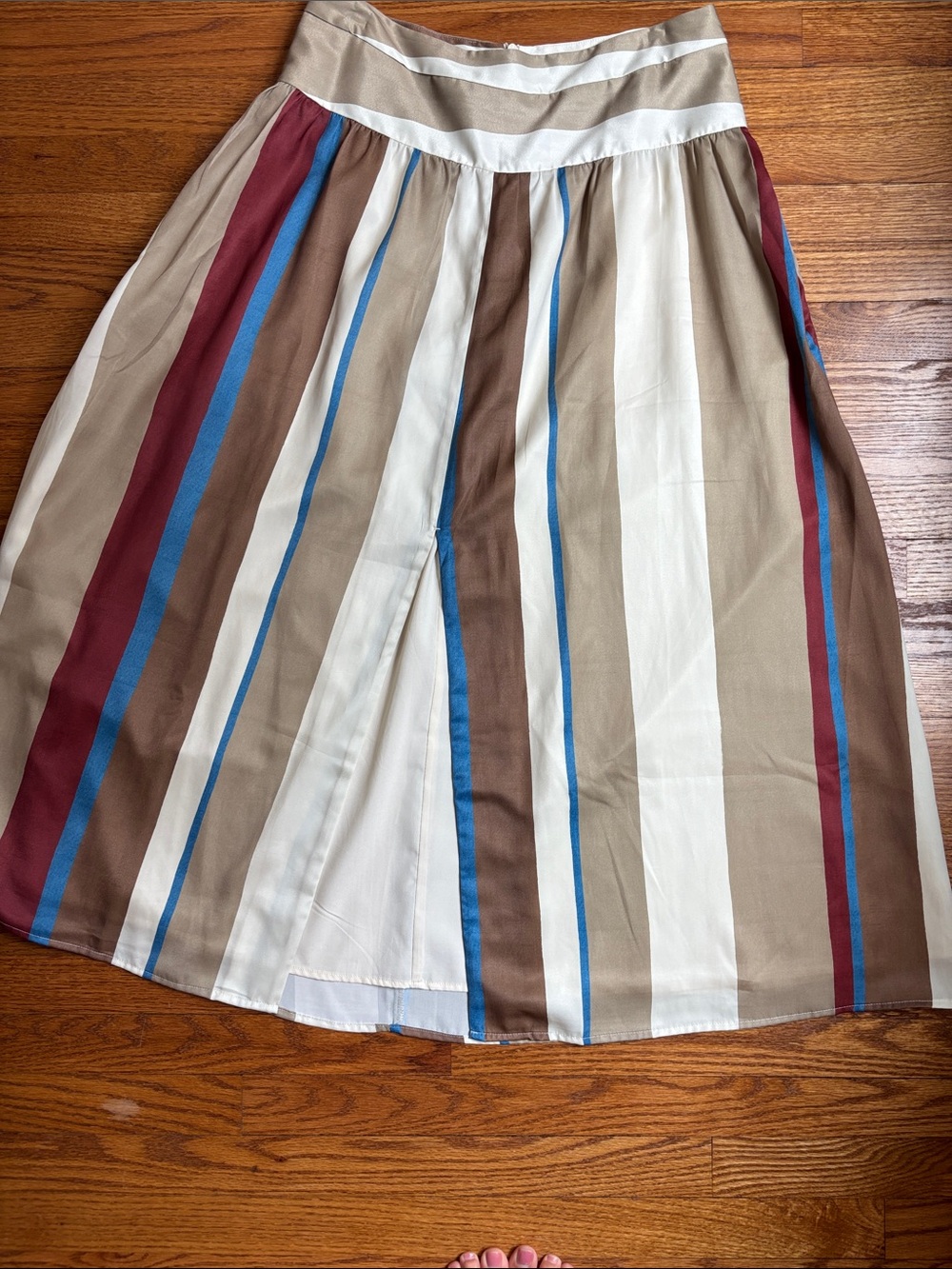 Banana Republic Striped A-Line Midi Skirt in Cream, Tan, Brown, Blue & Burgundy